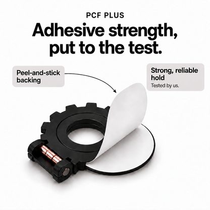 PCF Plus peel-and-stick backing. Adhesive strength, put to the test. Strong, reliable hold. Tested by us.