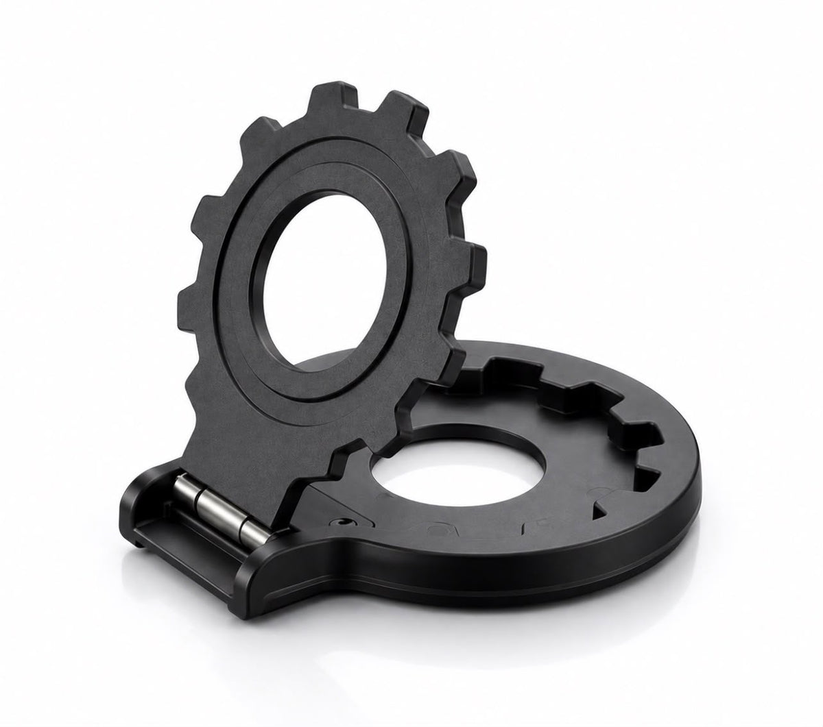 Black PCF Plus add-on with its gear loop open, shown separately from a phone case