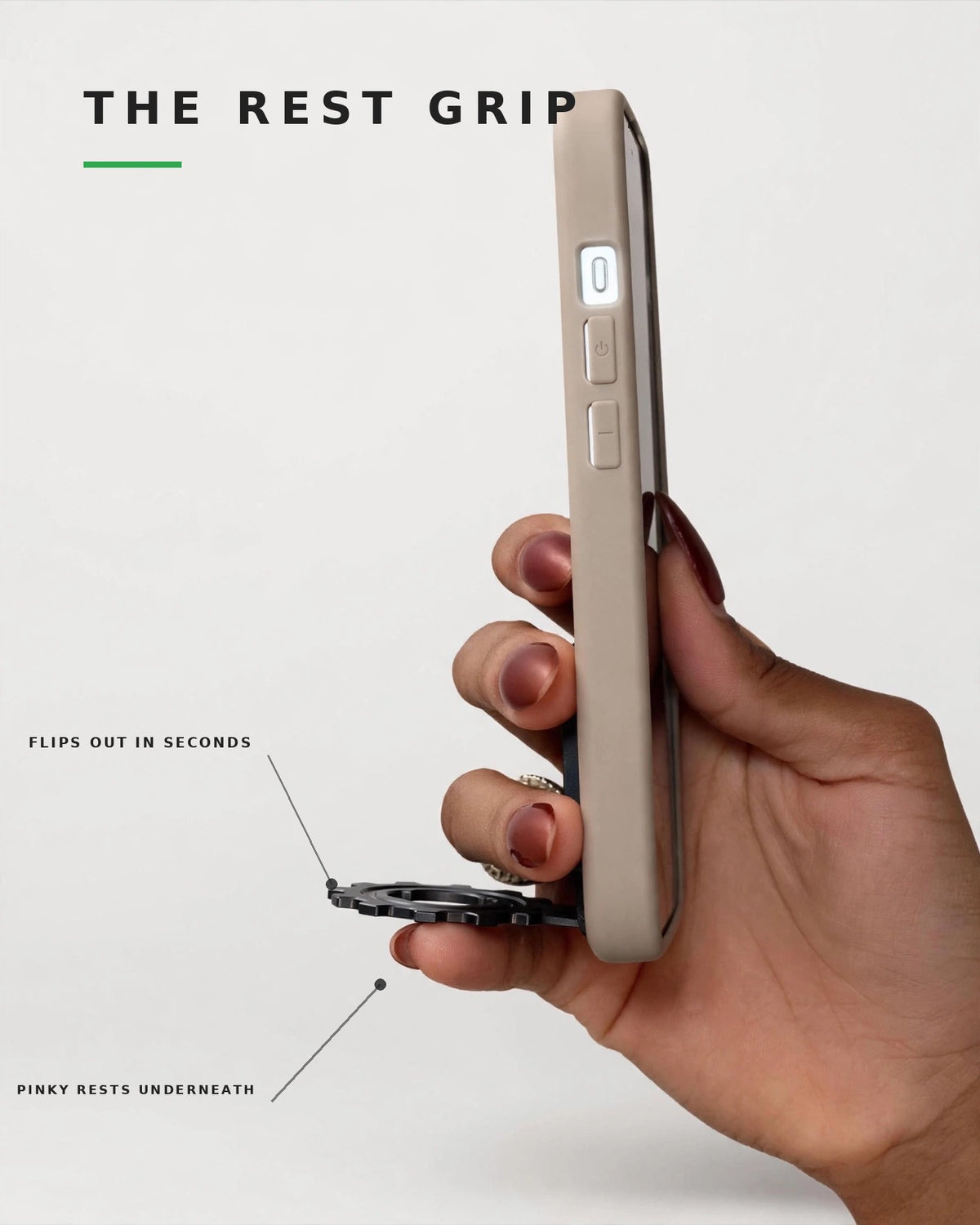 Hand holding a taupe PCF phone case with the gear loop extended and the pinky resting underneath. Flips out in seconds.