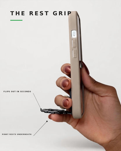 Hand holding a taupe PCF phone case with the gear loop extended and the pinky resting underneath. Flips out in seconds.