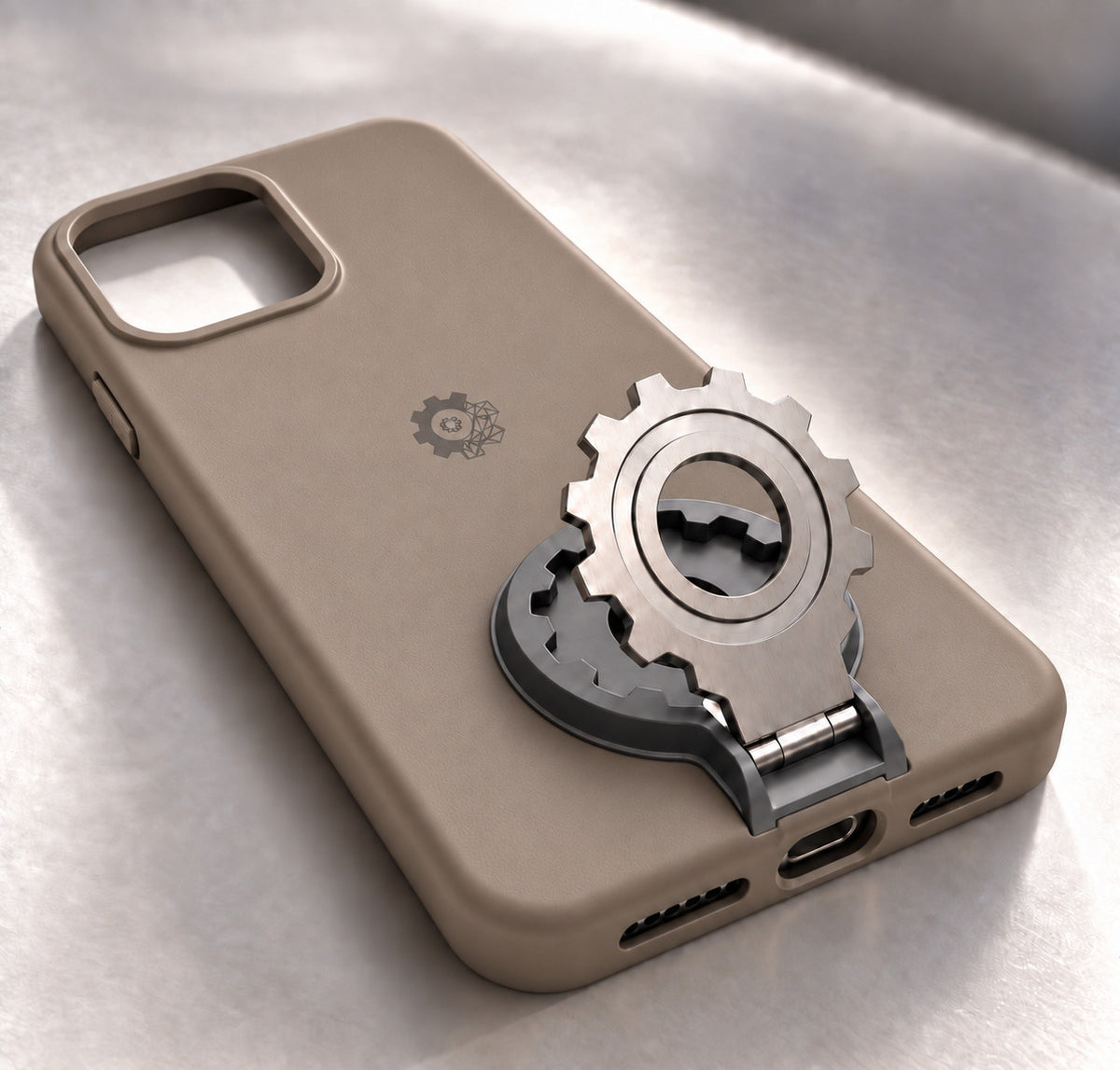 iPhone 15 pro max PCF Integrated case in taupe. Model render; final details may vary.