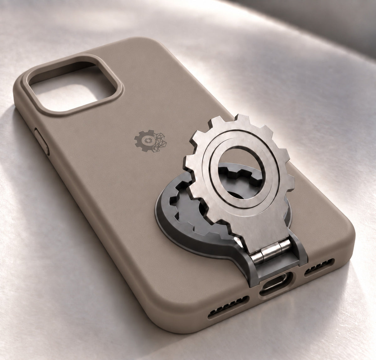 iPhone 15 pro PCF Integrated case in taupe. Model render; final details may vary.