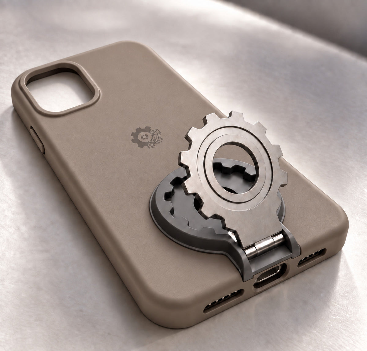 iPhone 15 PCF Integrated case in taupe. Model render; final details may vary.
