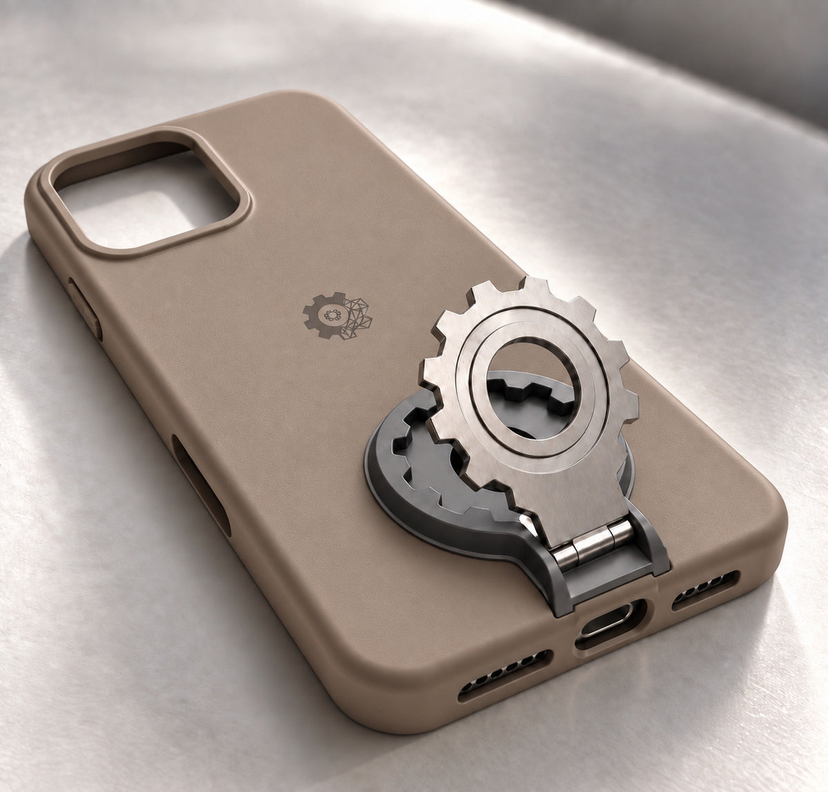 iPhone 16 pro max PCF Integrated case in taupe. Model render; final details may vary.