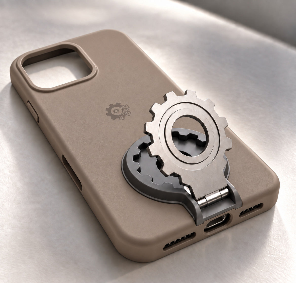 iPhone 16 pro PCF Integrated case in taupe. Model render; final details may vary.