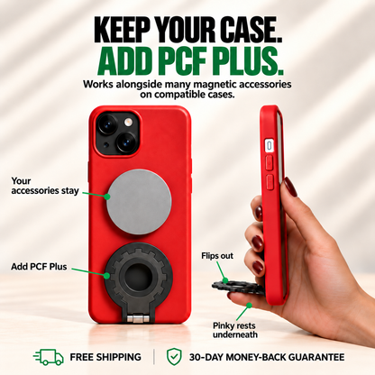 PCF Plus aligned with the bottom of the phone case, with Rest Grip example. Free Shipping. 30-Day Money-Back Guarantee.