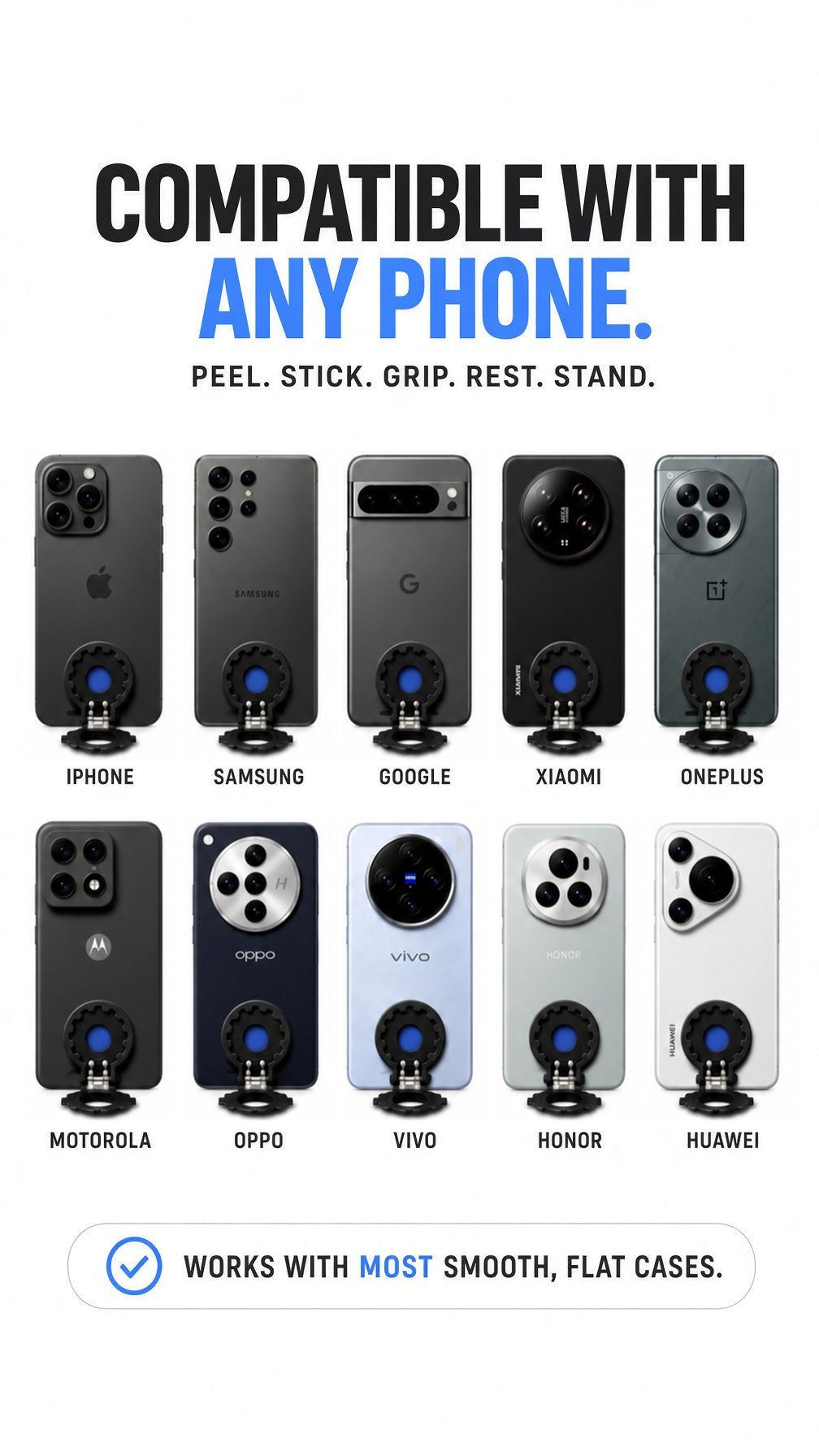 PCF Plus phone lineup: iPhone, Samsung, Google, Xiaomi, OnePlus, Motorola, Oppo, Vivo, Honor and Huawei. Works with most smooth, flat cases.