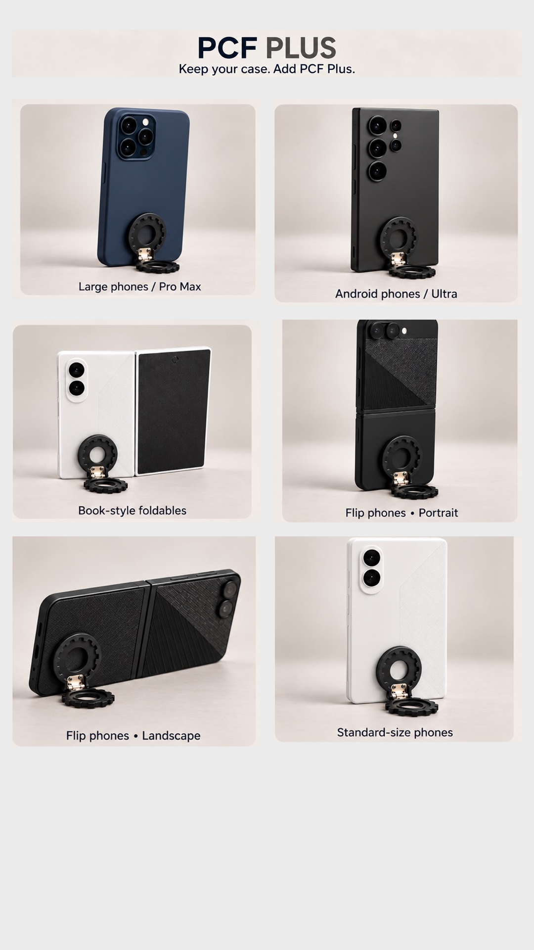 PCF Plus: Keep your case. Add PCF Plus. Six examples show large phones, Android phones, book-style foldables, flip phones in portrait and landscape, and standard-size phones supported by the add-on.