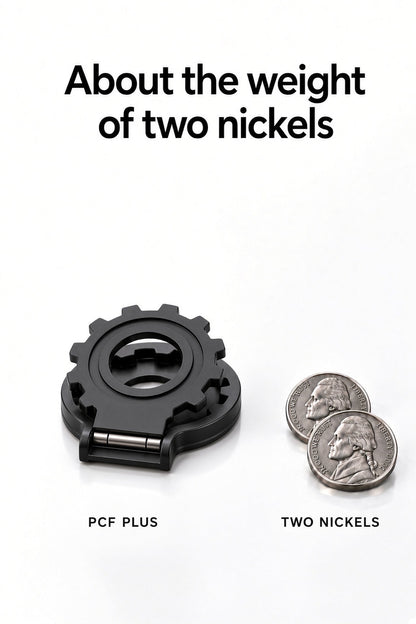 PCF Plus beside two nickels, with the caption About the weight of two nickels.